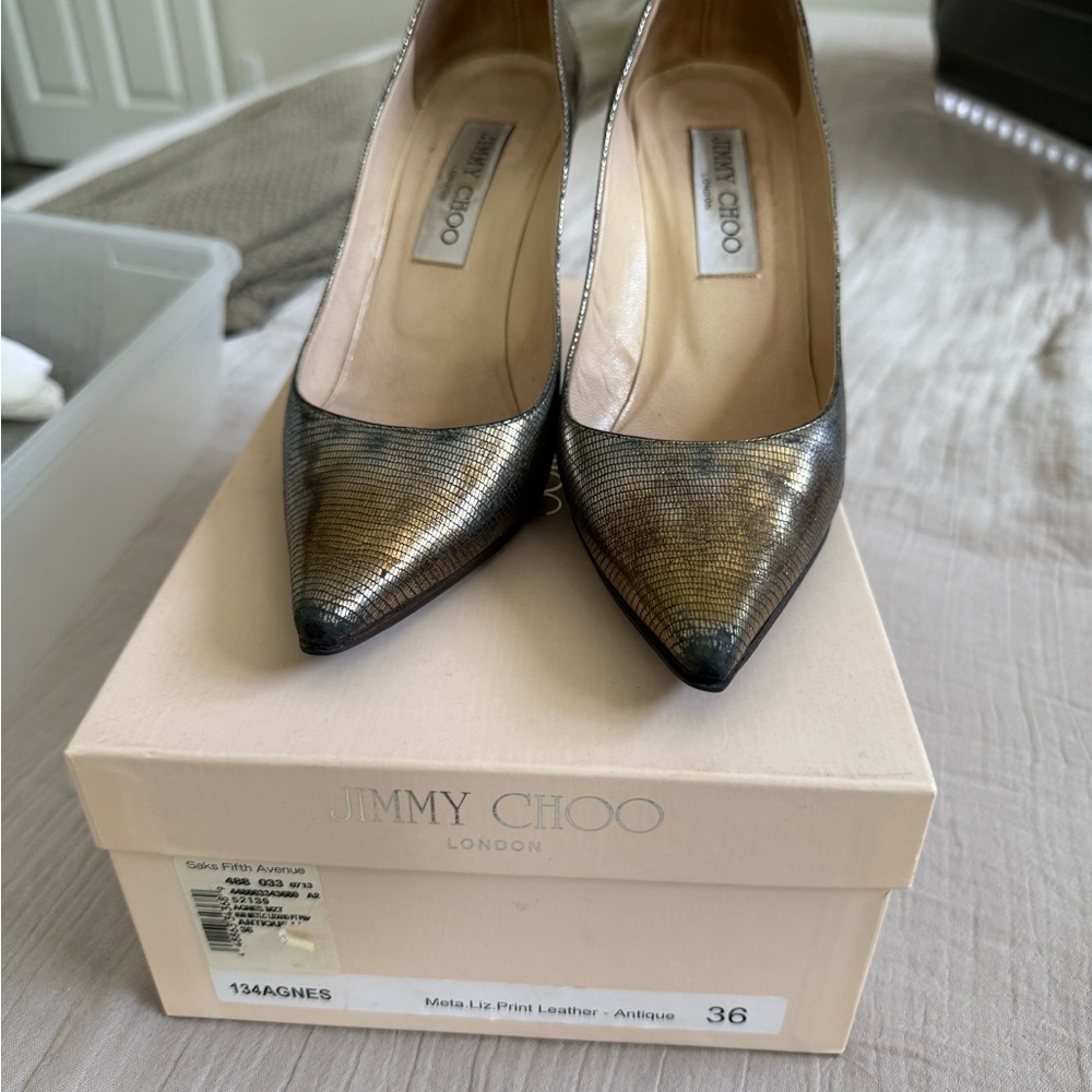 Jimmy Choo Agnes Metallic Lizard Print Leather Pumps in Antique Size 36 EU